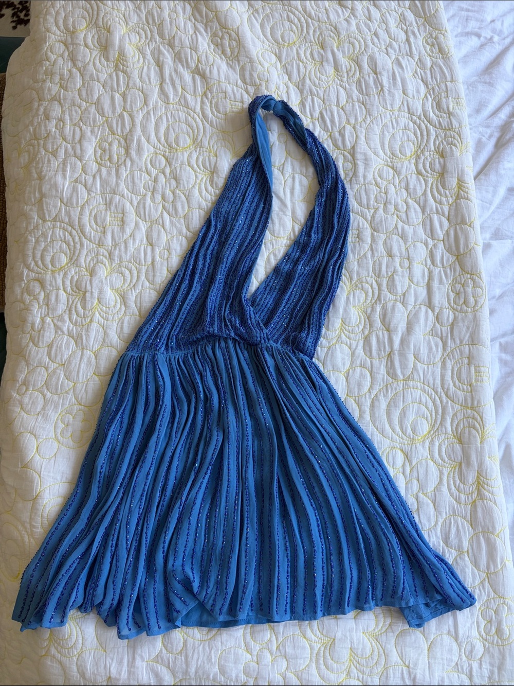 Free People Blue Pleated Halter Mini Dress